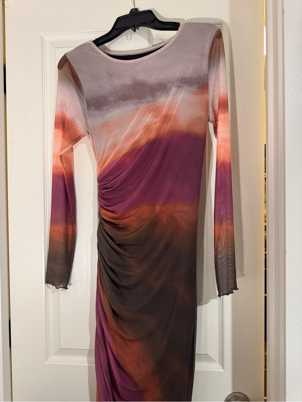 Long Sleeve Gradient Ruched Bodycon Dress in Pink and Brown